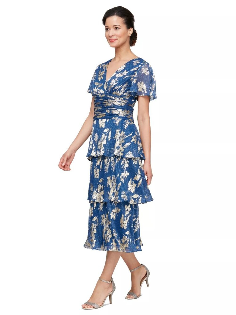 Size 4 Foil Printed Surplice V-Neck Dress, deep blue, gold metallic floral print